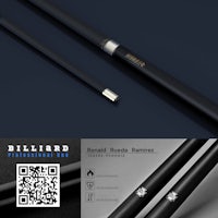 a pool cue with a black handle and a QR code
