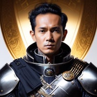 a man in armor standing in front of a golden background