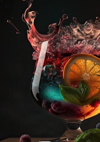 a cocktail with fruit and berries splashing into a glass
