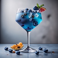 a glass of blueberry gin with ice and orange slices