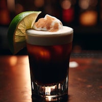 an irish coffee with whipped cream and a lime wedge