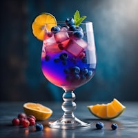 a cocktail with blueberries, oranges and lemons in a glass on a dark background