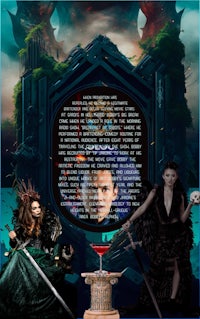 a poster with a woman and a man with swords