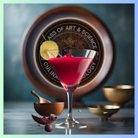 a martini is sitting on a table next to a bowl