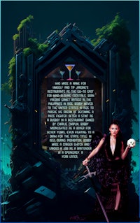 an image of a woman holding a sword in front of a castle