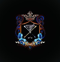 a logo with a crown and a sword on a black background