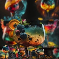 a colorful cocktail in a glass with fruit in it