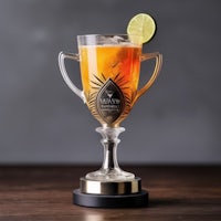 a glass cup with a drink and lime on it