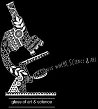 a black and white image of a microscope with the words glass art & science