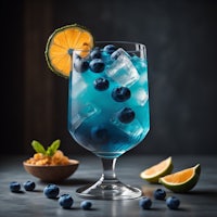 a glass of blueberry liquor with ice and orange slices