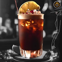 a black and white photo of a drink with a lime garnish