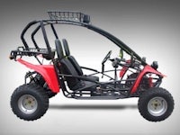 a red and black go - kart on a gray background